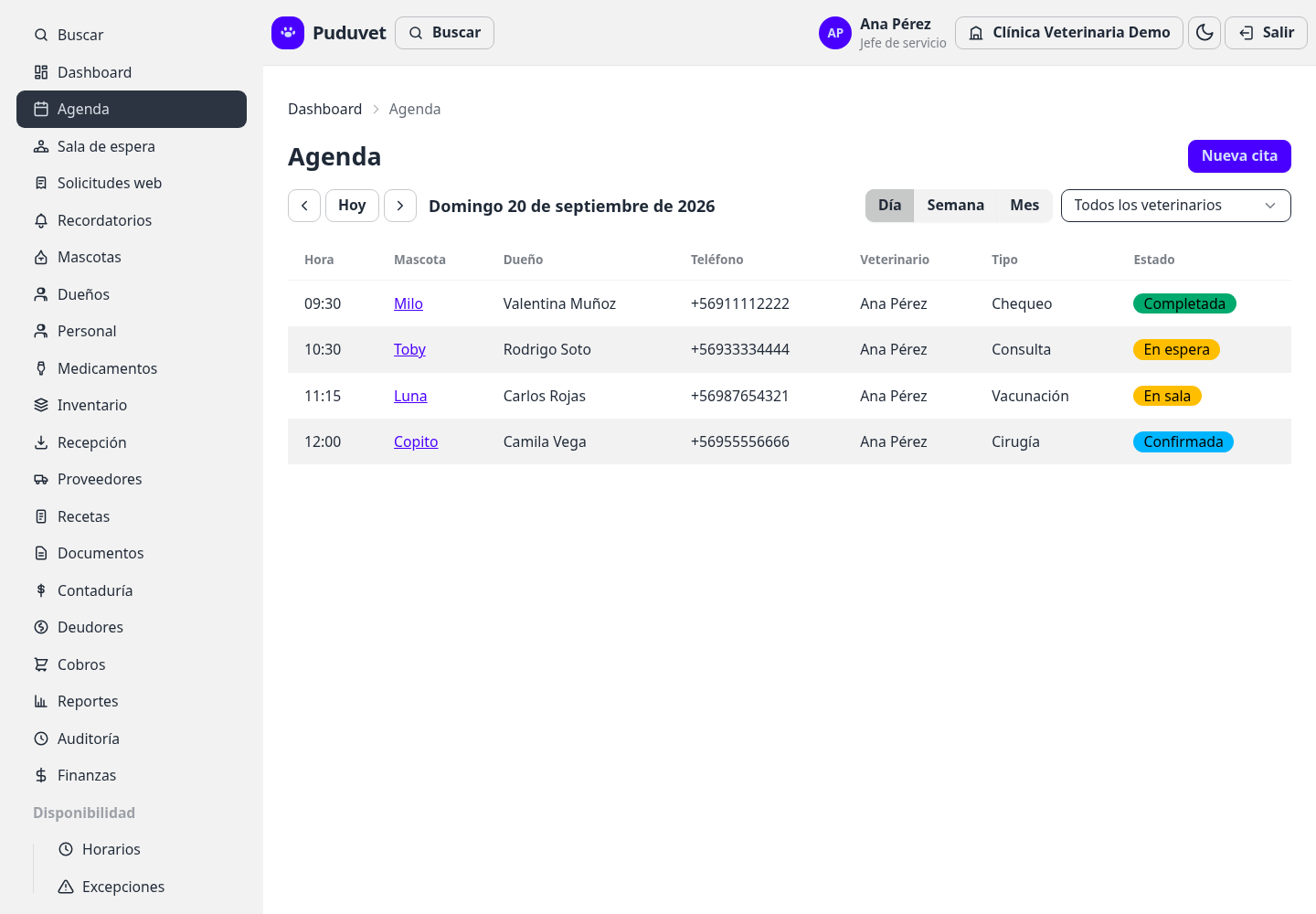 Agenda de Puduvet: vista del día con bloques de reserva