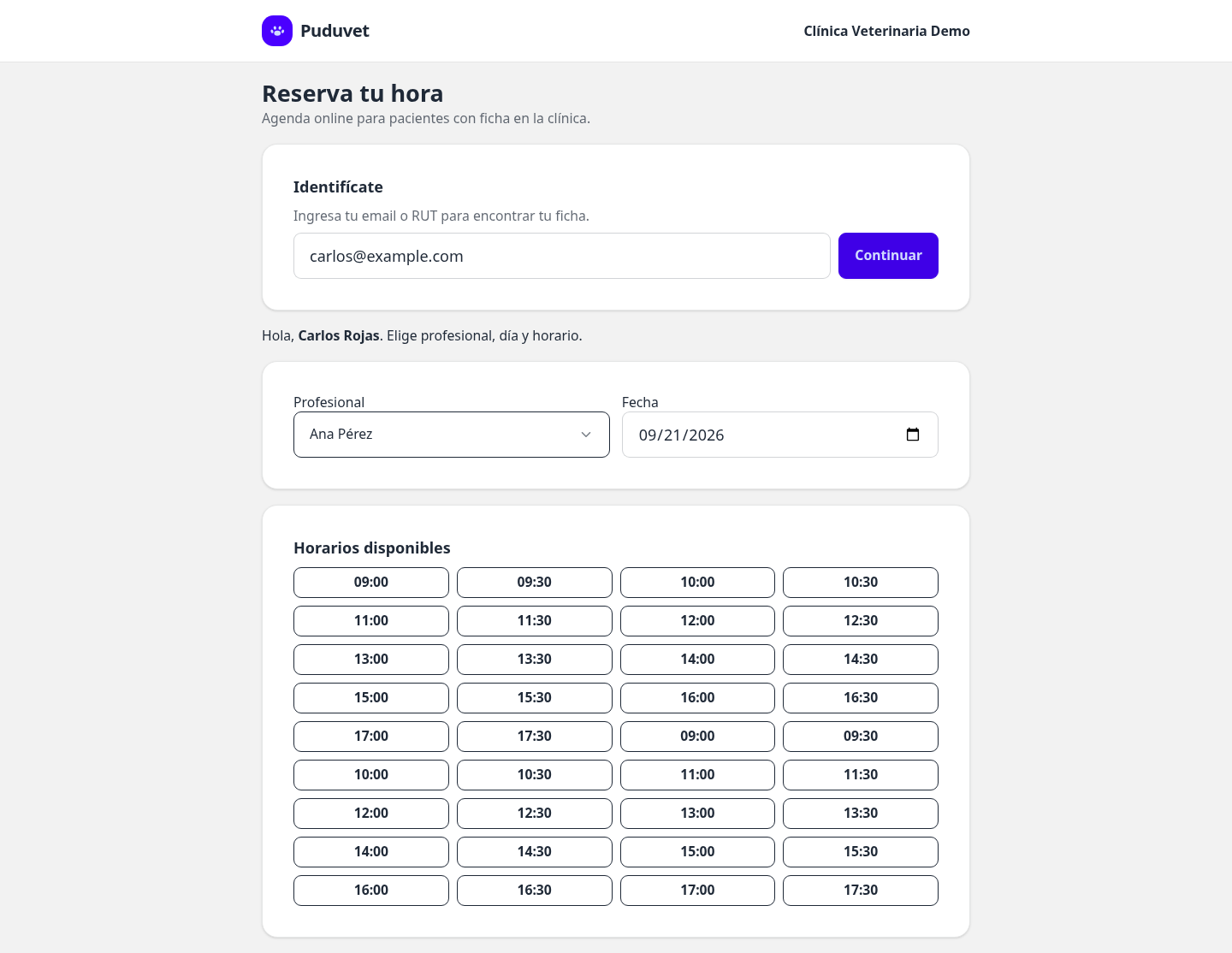 Horarios disponibles en la reserva online de Puduvet